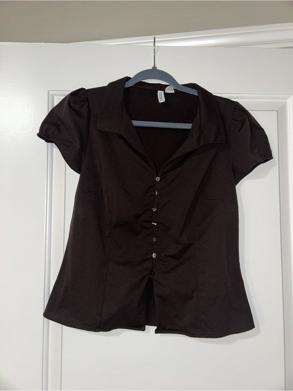 Divided Black Short Sleeve Button-Front Blouse